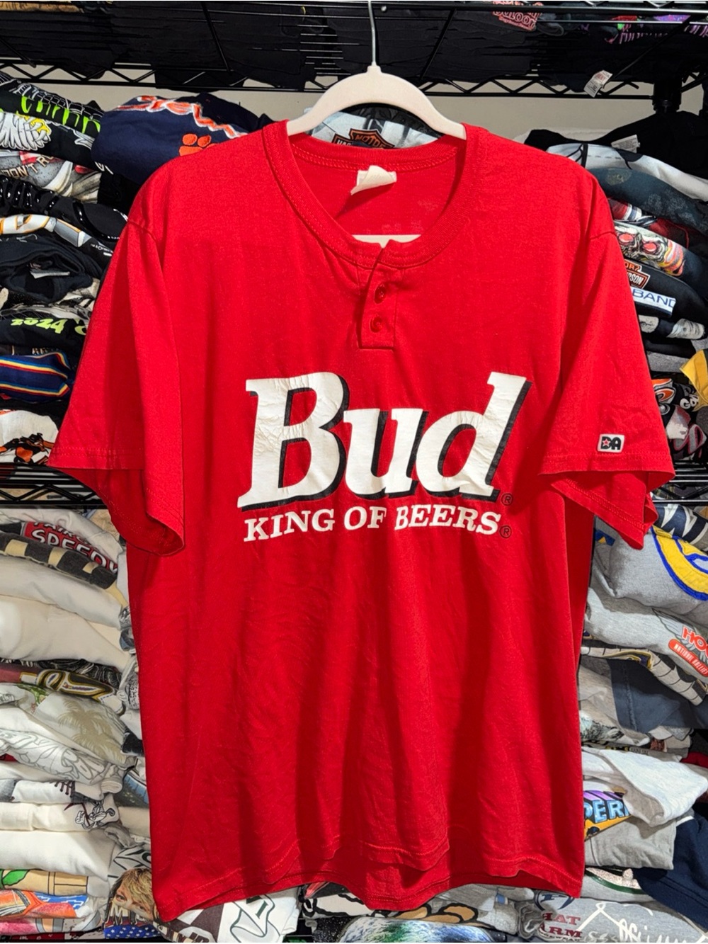 Vintage 80s Budwieser King Of Beers Red Button Shirt Size Xl